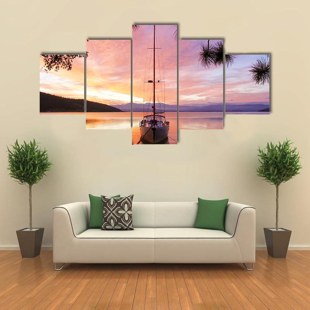 Silhouette Of Yacht On Lake Baikal Canvas Wall Art-5 Star-Gallery Wrap-62" x 32"-Tiaracle