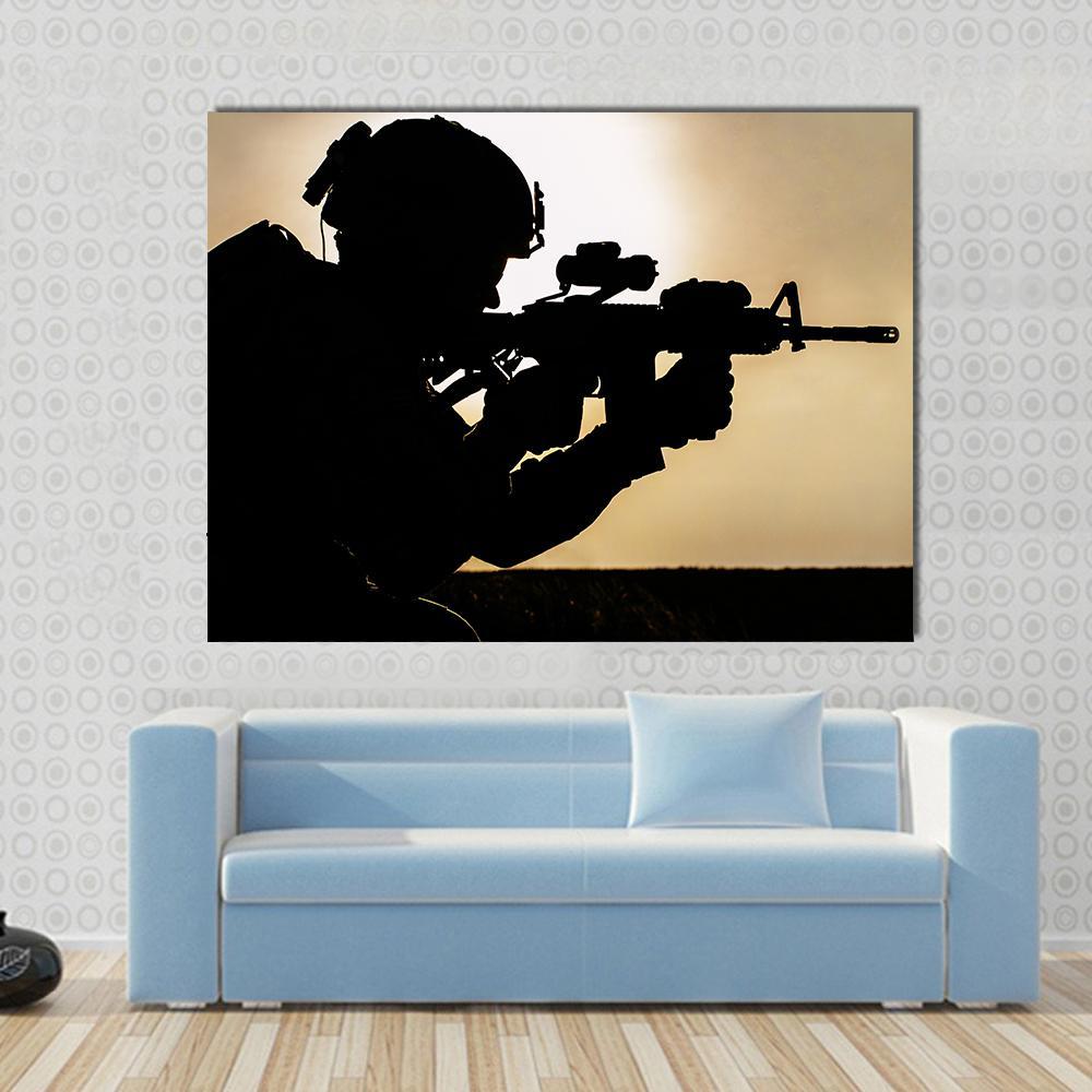 Silhouette Of Young Soldier In Military Helmet Against The Sun Canvas Wall Art-1 Piece-Gallery Wrap-48" x 32"-Tiaracle