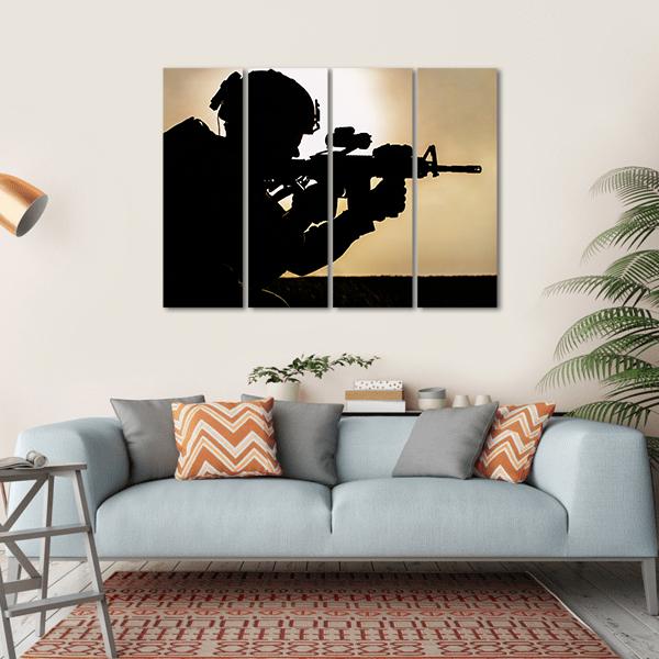 Silhouette Of Young Soldier In Military Helmet Against The Sun Canvas Wall Art-4 Horizontal-Gallery Wrap-34" x 24"-Tiaracle