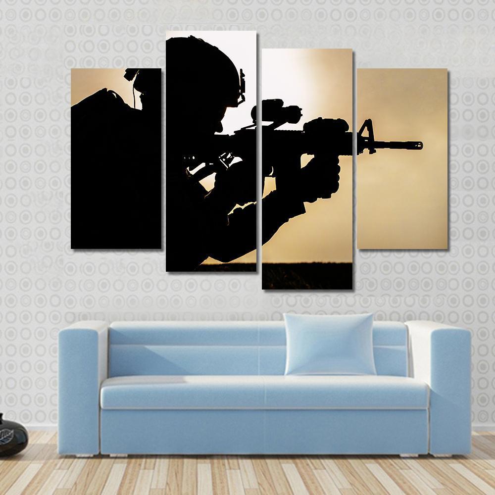 Silhouette Of Young Soldier In Military Helmet Against The Sun Canvas Wall Art-1 Piece-Gallery Wrap-48" x 32"-Tiaracle