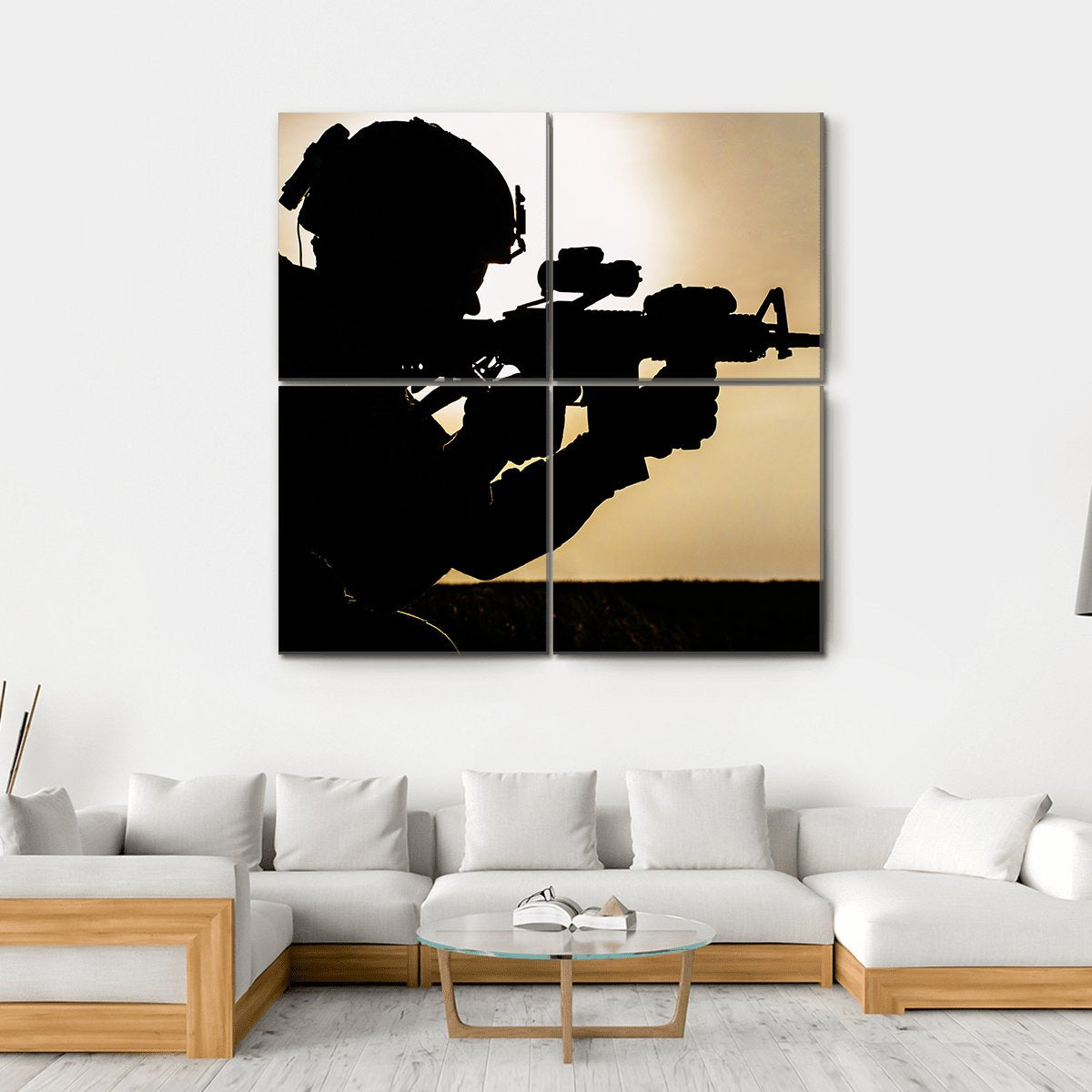 Silhouette Of Young Soldier In Military Helmet Against The Sun Canvas Wall Art-4 Square-Gallery Wrap-17" x 17"-Tiaracle