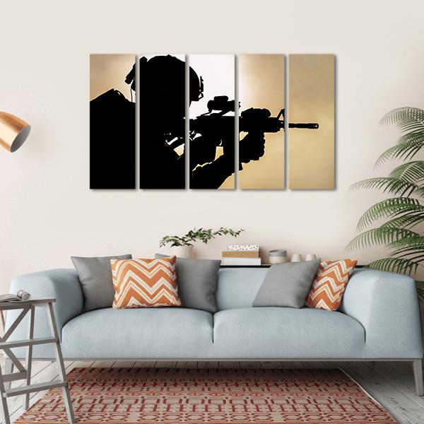 Silhouette Of Young Soldier In Military Helmet Against The Sun Canvas Wall Art-5 Horizontal-Gallery Wrap-22" x 12"-Tiaracle
