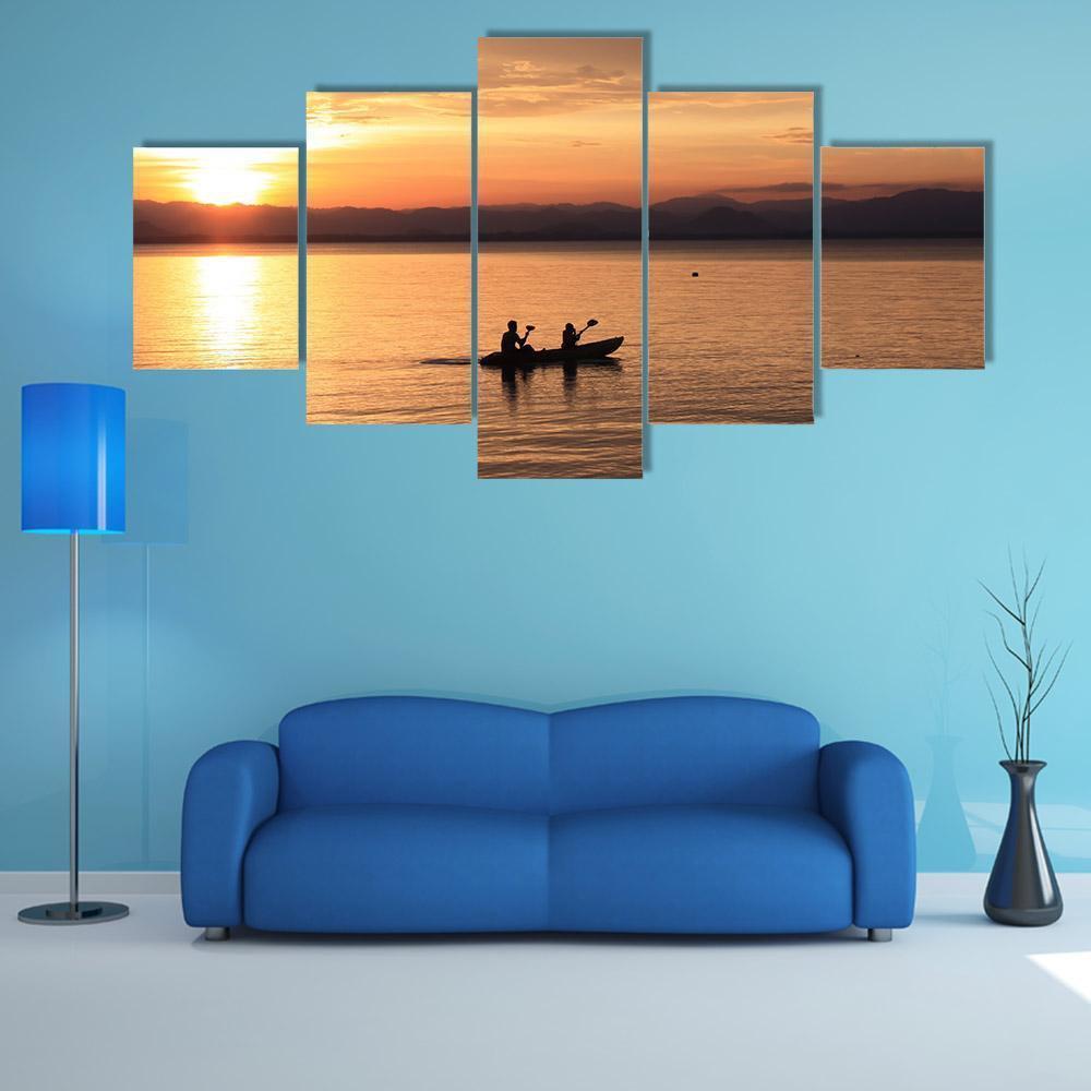 Silhouette Rower At Sunset Canvas Wall Art-5 Star-Gallery Wrap-62" x 32"-Tiaracle