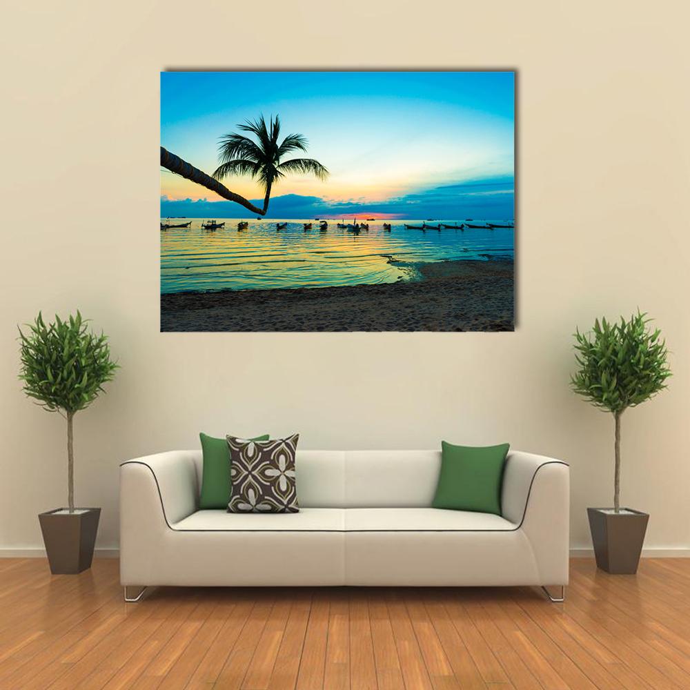 Silhouette Sunset On Thailand Sea Beach Canvas Wall Art-4 Horizontal-Gallery Wrap-34" x 24"-Tiaracle