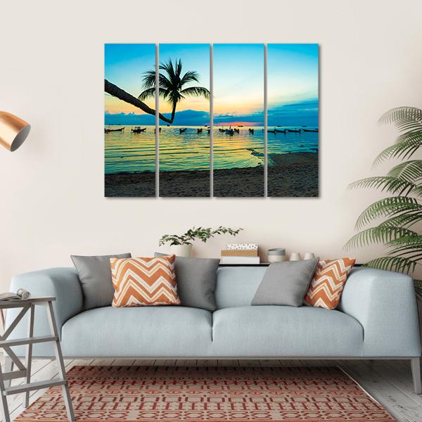 Silhouette Sunset On Thailand Sea Beach Canvas Wall Art-4 Horizontal-Gallery Wrap-34" x 24"-Tiaracle