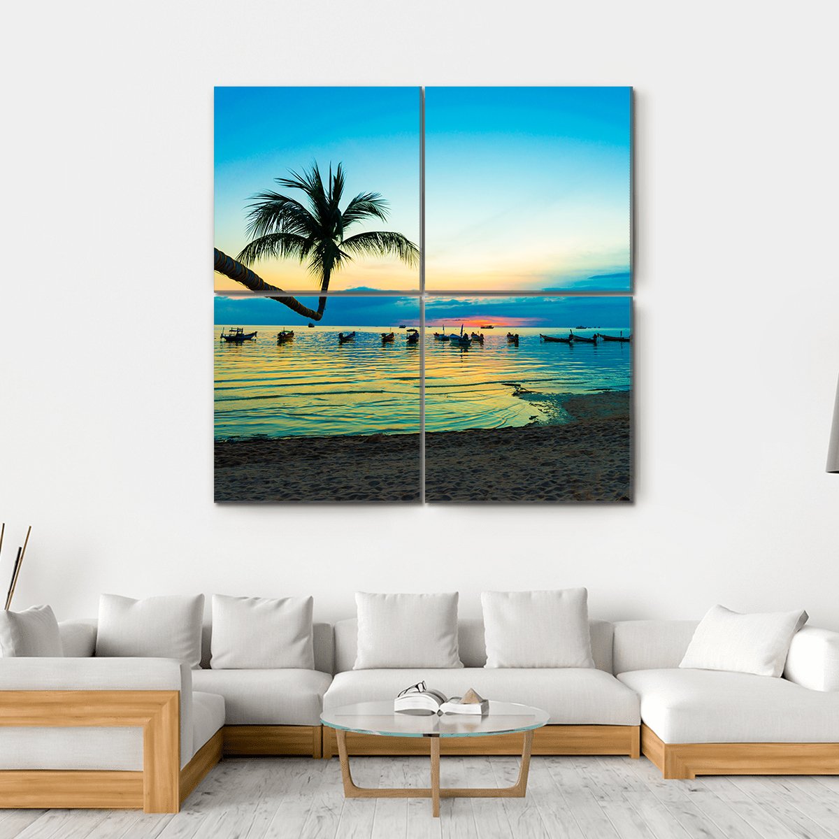 Silhouette Sunset On Thailand Sea Beach Canvas Wall Art-4 Square-Gallery Wrap-17" x 17"-Tiaracle