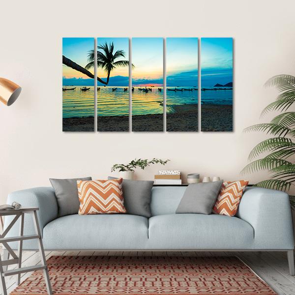 Silhouette Sunset On Thailand Sea Beach Canvas Wall Art-5 Horizontal-Gallery Wrap-22" x 12"-Tiaracle