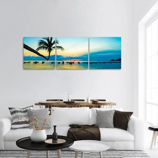 Silhouette Sunset On Thailand Sea Beach Panoramic Canvas Wall Art-3 Piece-25" x 08"-Tiaracle