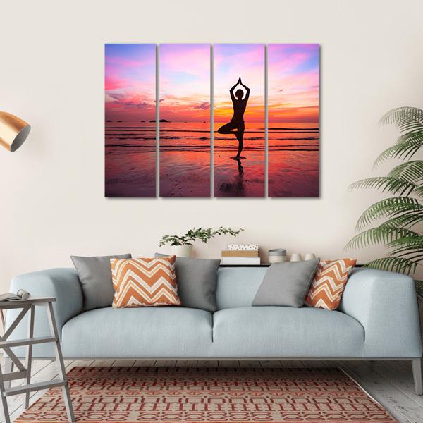 Silhouette Woman Yoga practice At The Seaside At Sunset Canvas Wall Art-4 Horizontal-Gallery Wrap-34" x 24"-Tiaracle