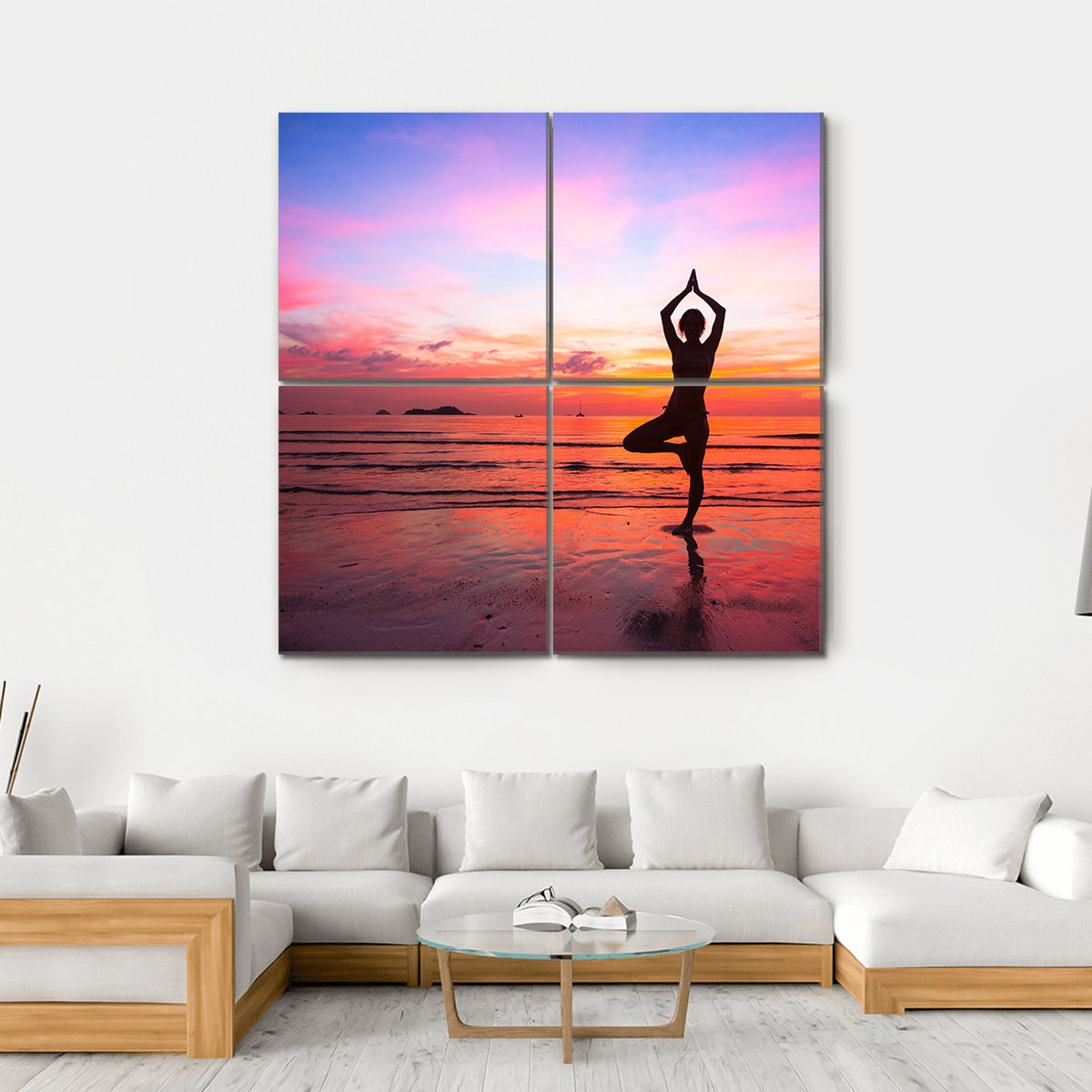Silhouette Woman Yoga practice At The Seaside At Sunset Canvas Wall Art-4 Square-Gallery Wrap-17" x 17"-Tiaracle