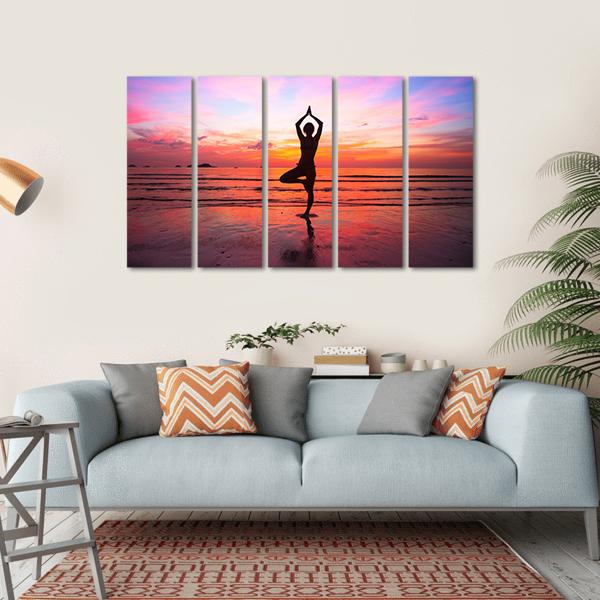 Silhouette Woman Yoga practice At The Seaside At Sunset Canvas Wall Art-5 Horizontal-Gallery Wrap-22" x 12"-Tiaracle