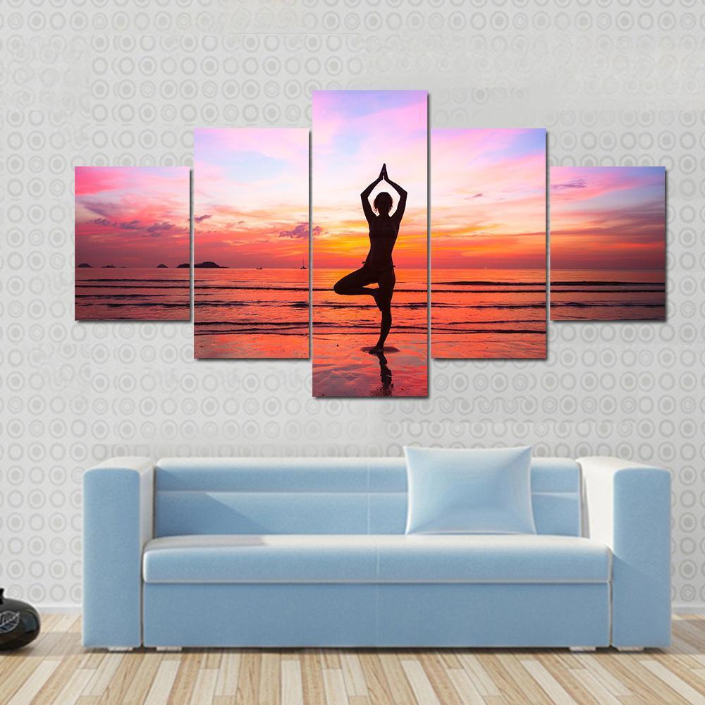 Silhouette Woman Yoga practice At The Seaside At Sunset Canvas Wall Art-3 Horizontal-Gallery Wrap-25" x 16"-Tiaracle