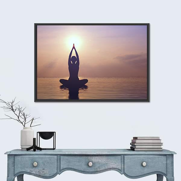 Woman Practice Yoga At Beach During Sunset Canvas Wall Art - Tiaracle