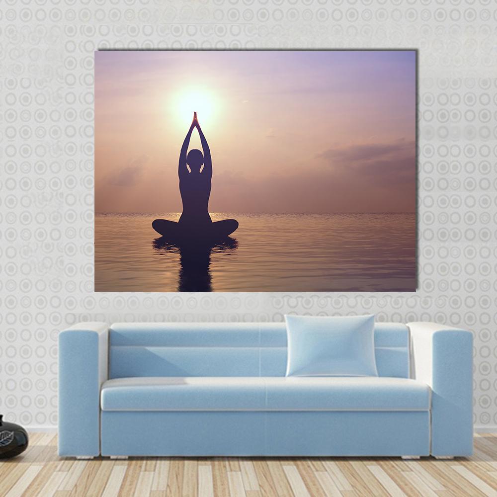 Silhouette Young Woman Practicing Yoga On The Beach At Sunset Canvas Wall Art-4 Horizontal-Gallery Wrap-34" x 24"-Tiaracle