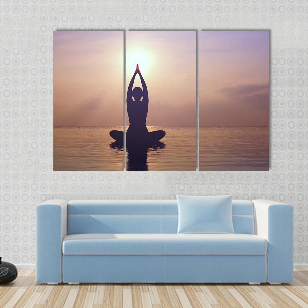 Silhouette Young Woman Practicing Yoga On The Beach At Sunset Canvas Wall Art-3 Horizontal-Gallery Wrap-37&quot; x 24&quot;-Tiaracle