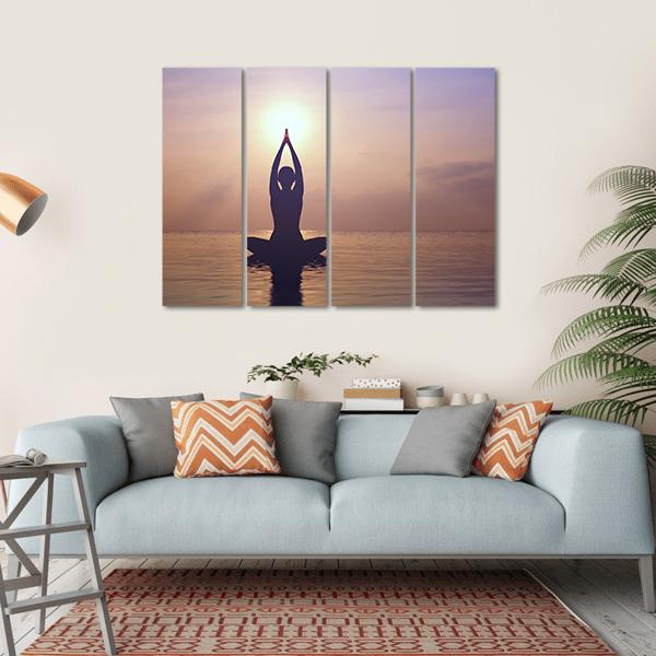 Silhouette Young Woman Practicing Yoga On The Beach At Sunset Canvas Wall Art-4 Horizontal-Gallery Wrap-34" x 24"-Tiaracle