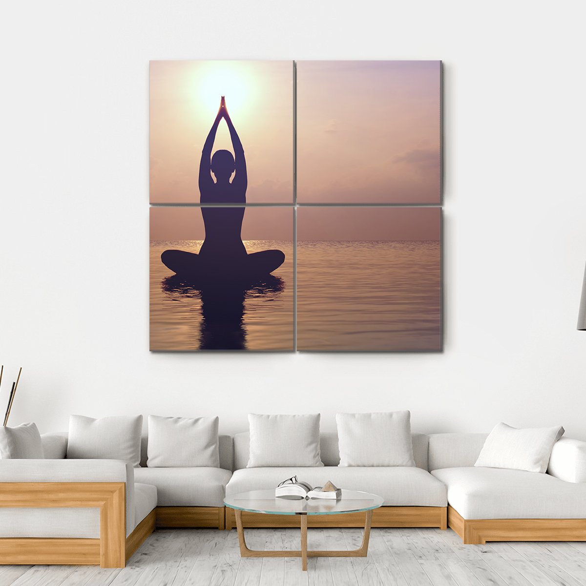 Silhouette Young Woman Practicing Yoga On The Beach At Sunset Canvas Wall Art-4 Square-Gallery Wrap-17" x 17"-Tiaracle