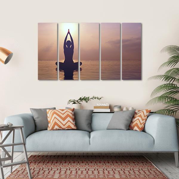 Silhouette Young Woman Practicing Yoga On The Beach At Sunset Canvas Wall Art-5 Horizontal-Gallery Wrap-22" x 12"-Tiaracle