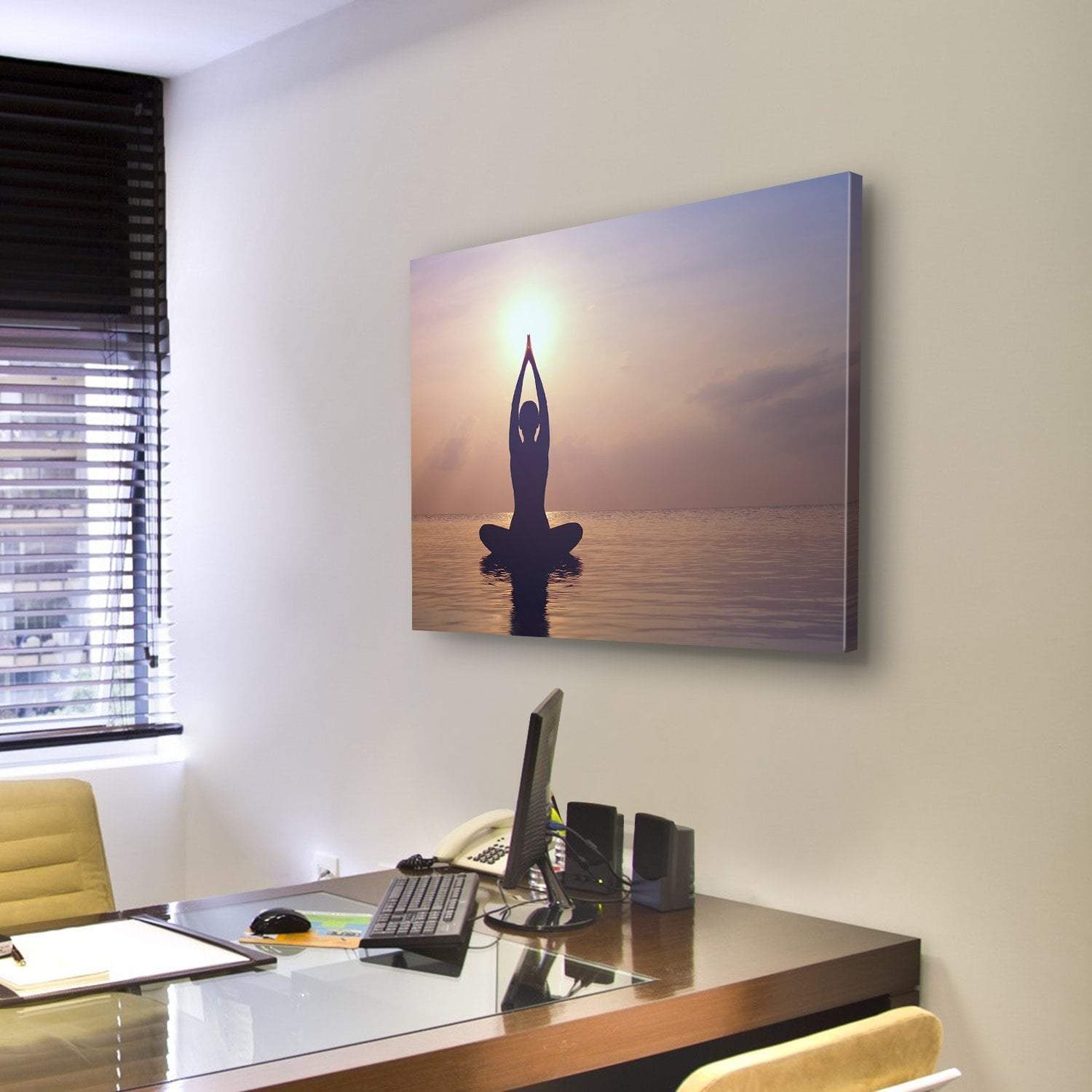 Silhouette Young Woman Practicing Yoga On The Beach At Sunset Canvas Wall Art-1 Piece-Gallery Wrap-48" x 32"-Tiaracle