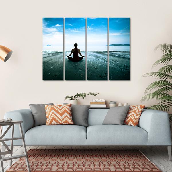 Silhouette Young Woman Practicing Yoga On The Beach Canvas Wall Art-4 Horizontal-Gallery Wrap-34" x 24"-Tiaracle