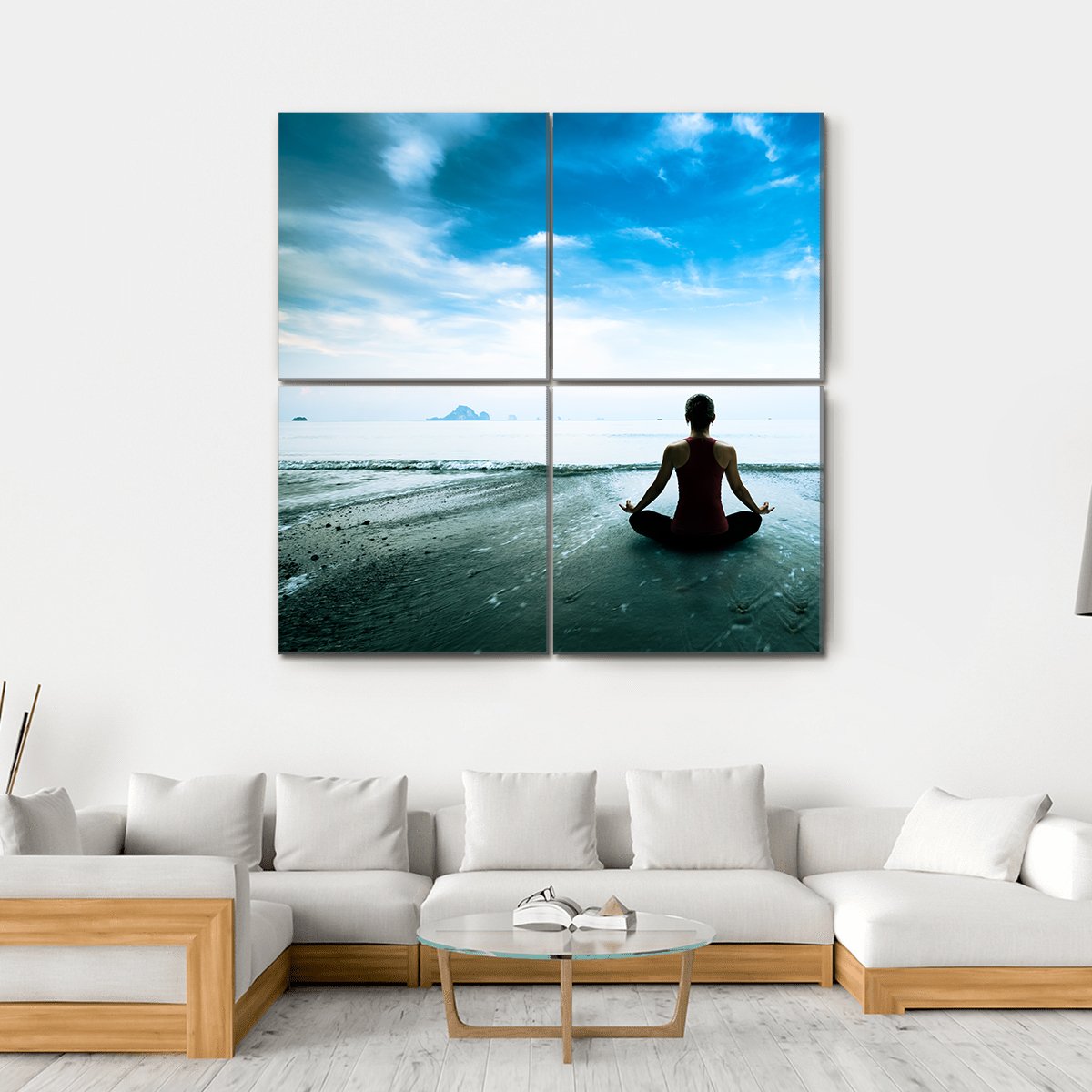 Silhouette Young Woman Practicing Yoga On The Beach Canvas Wall Art-4 Square-Gallery Wrap-17" x 17"-Tiaracle