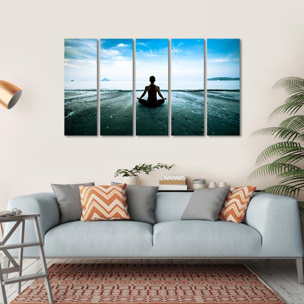 Silhouette Young Woman Practicing Yoga On The Beach Canvas Wall Art-5 Horizontal-Gallery Wrap-22" x 12"-Tiaracle