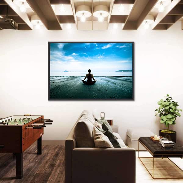 Silhouette Young Woman Practicing Yoga On The Beach Canvas Wall Art-5 Horizontal-Gallery Wrap-22" x 12"-Tiaracle