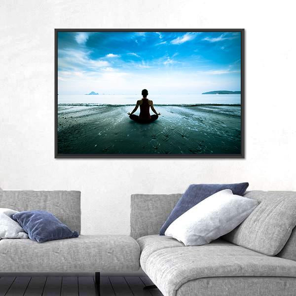 Silhouette Young Woman Practicing Yoga On The Beach Canvas Wall Art-5 Horizontal-Gallery Wrap-22" x 12"-Tiaracle