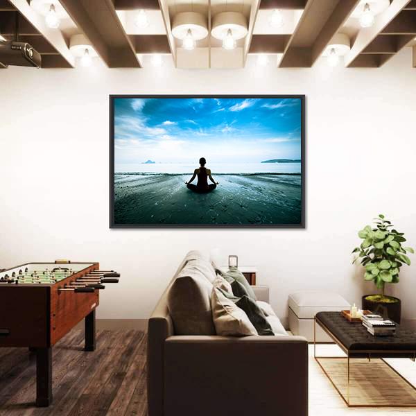 Silhouette Young Woman Practicing Yoga On The Beach Canvas Wall Art-3 Horizontal-Gallery Wrap-25&quot; x 16&quot;-Tiaracle