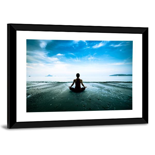 Silhouette Young Woman Practicing Yoga On The Beach Canvas Wall Art-5 Horizontal-Gallery Wrap-22" x 12"-Tiaracle