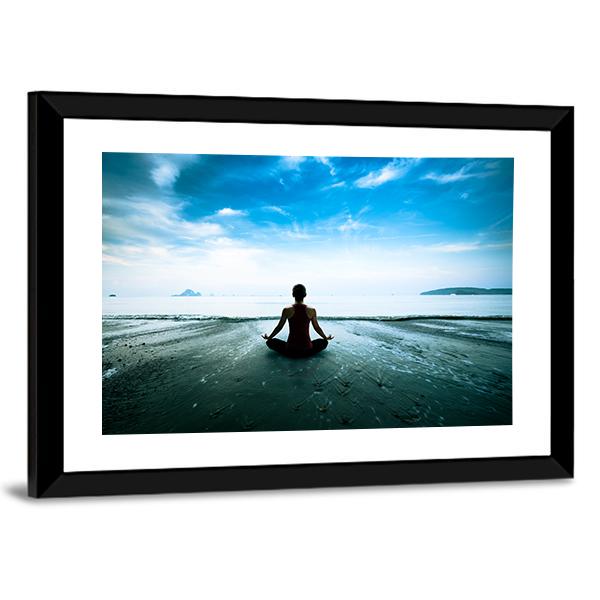 Silhouette Young Woman Practicing Yoga On The Beach Canvas Wall Art-3 Horizontal-Gallery Wrap-25&quot; x 16&quot;-Tiaracle