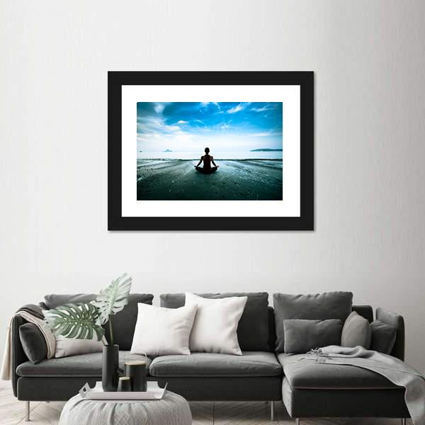 Silhouette Young Woman Practicing Yoga On The Beach Canvas Wall Art-3 Horizontal-Gallery Wrap-25&quot; x 16&quot;-Tiaracle