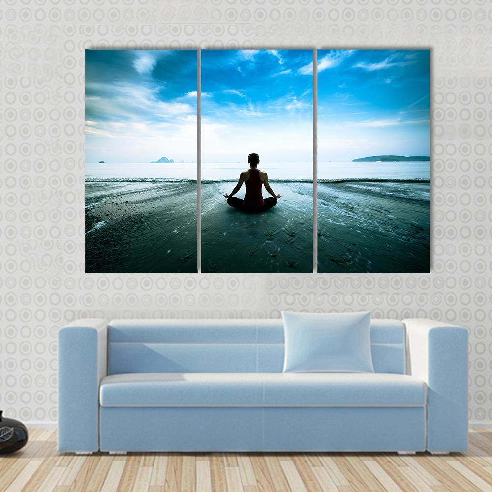 Silhouette Young Woman Practicing Yoga On The Beach Canvas Wall Art-3 Horizontal-Gallery Wrap-37&quot; x 24&quot;-Tiaracle