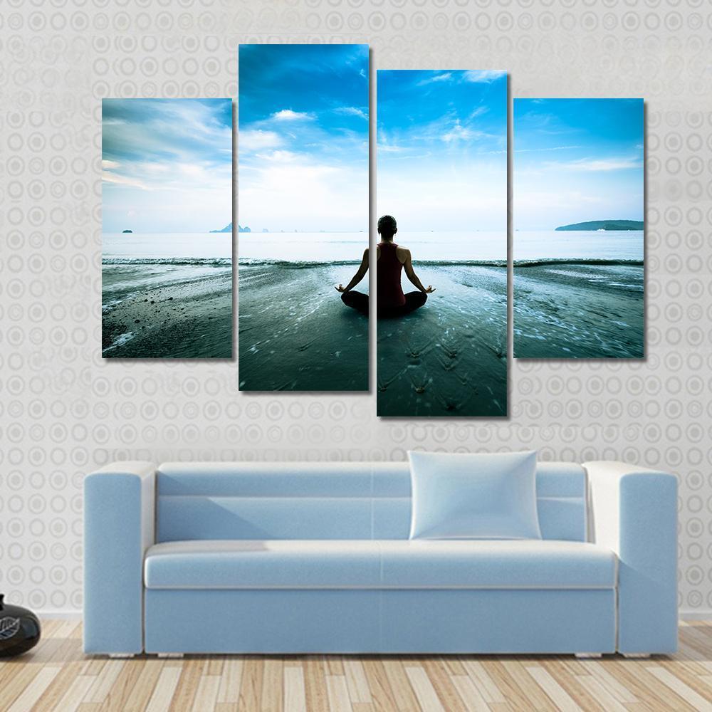 Silhouette Young Woman Practicing Yoga On The Beach Canvas Wall Art-4 Pop-Gallery Wrap-50&quot; x 32&quot;-Tiaracle
