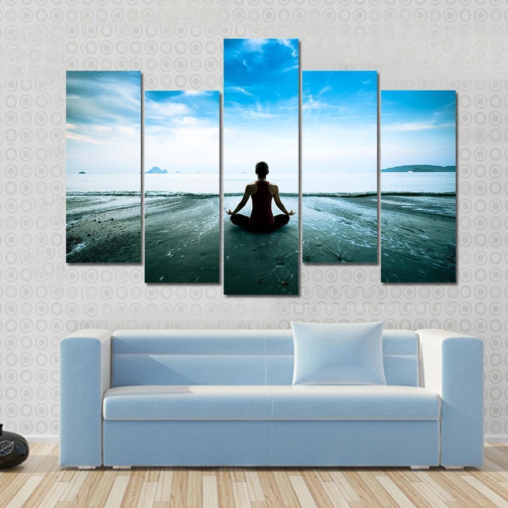 Silhouette Young Woman Practicing Yoga On The Beach Canvas Wall Art-5 Pop-Gallery Wrap-47&quot; x 32&quot;-Tiaracle