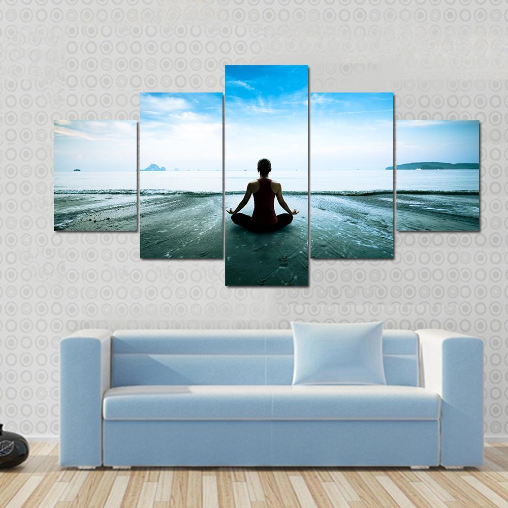 Silhouette Young Woman Practicing Yoga On The Beach Canvas Wall Art-5 Star-Gallery Wrap-62&quot; x 32&quot;-Tiaracle