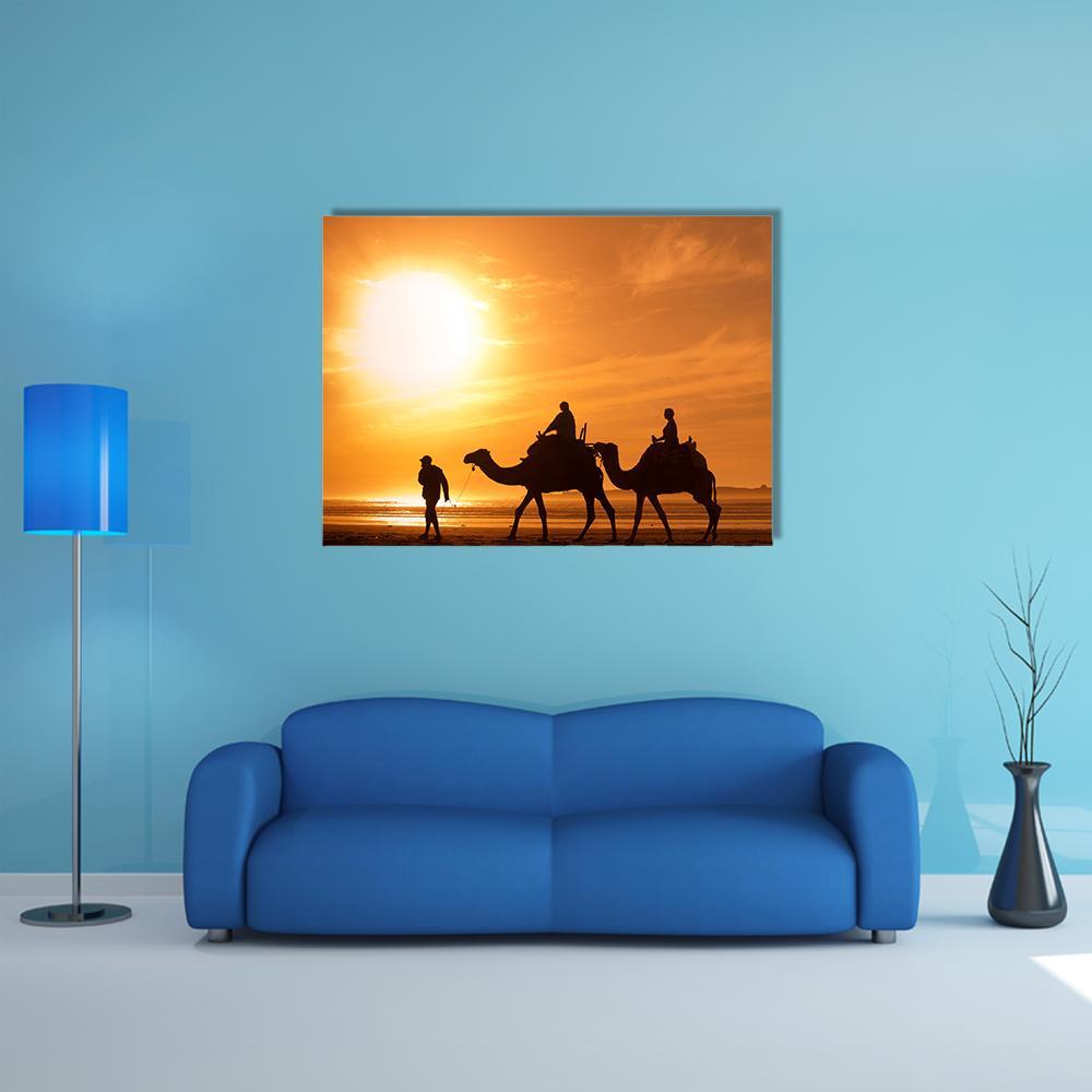 Silhouettes Of Camels At Sunset Canvas Wall Art-4 Horizontal-Gallery Wrap-34" x 24"-Tiaracle