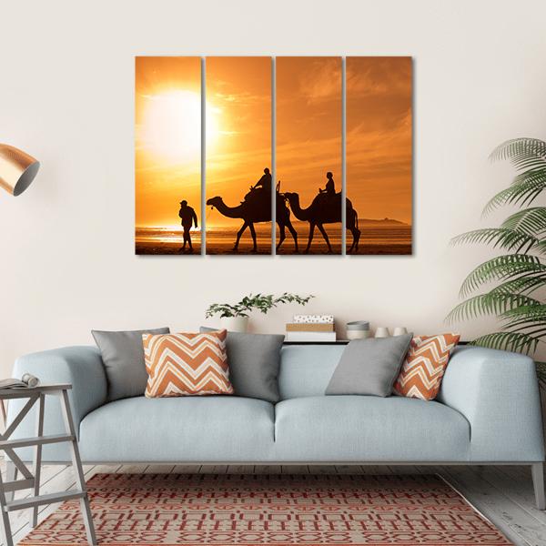Silhouettes Of Camels At Sunset Canvas Wall Art-4 Horizontal-Gallery Wrap-34" x 24"-Tiaracle