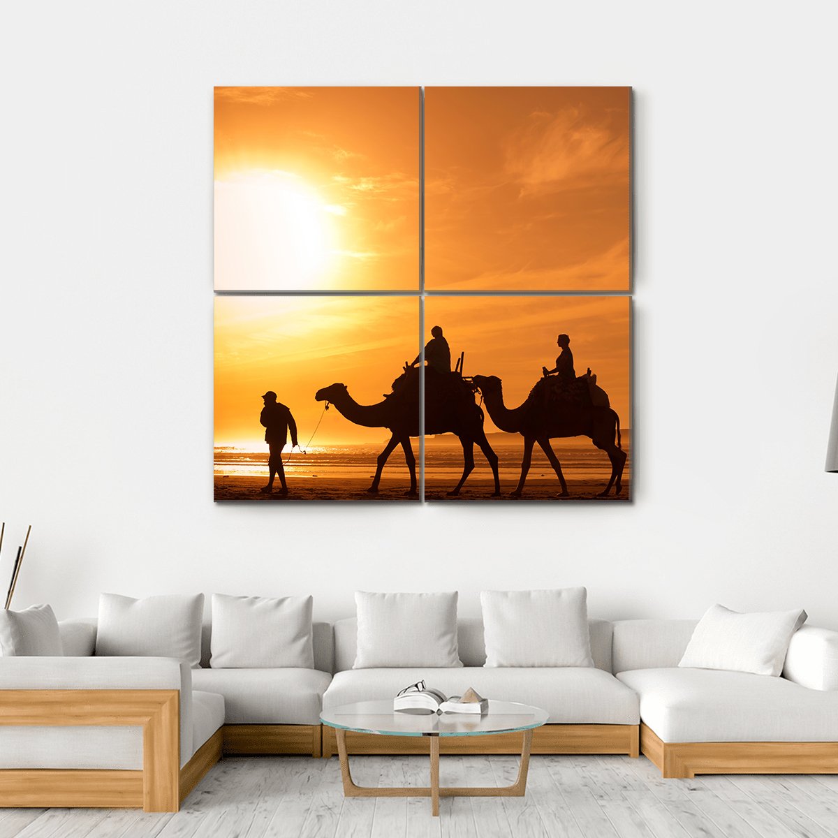 Silhouettes Of Camels At Sunset Canvas Wall Art-4 Square-Gallery Wrap-17" x 17"-Tiaracle