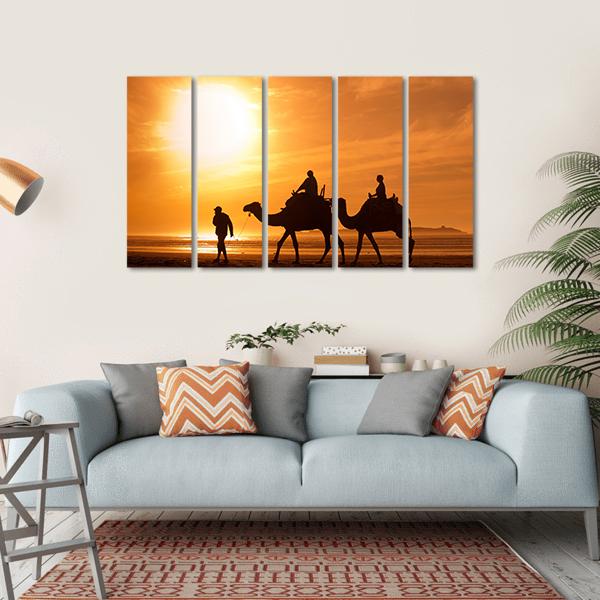 Silhouettes Of Camels At Sunset Canvas Wall Art-5 Horizontal-Gallery Wrap-22" x 12"-Tiaracle