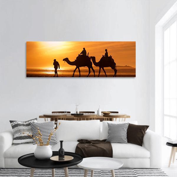 Silhouettes Of Camels At Sunset Panoramic Canvas Wall Art-1 Piece-36" x 12"-Tiaracle