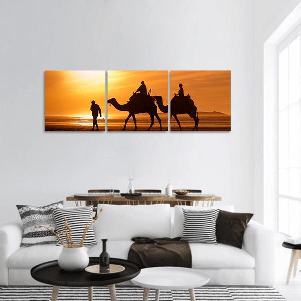 Silhouettes Of Camels At Sunset Panoramic Canvas Wall Art-3 Piece-25" x 08"-Tiaracle