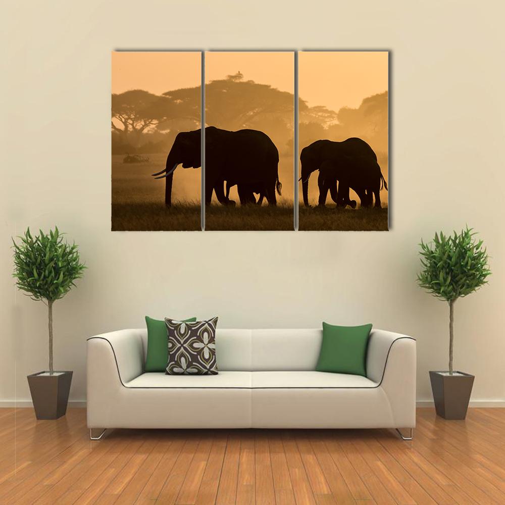 Silhouettes Of Elephants Canvas Wall Art-3 Horizontal-Gallery Wrap-25" x 16"-Tiaracle