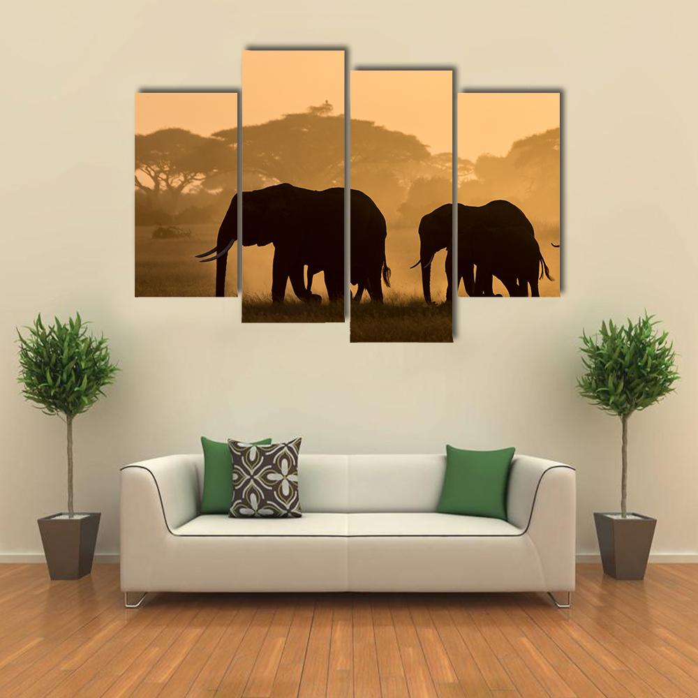 Silhouettes Of Elephants Canvas Wall Art-4 Pop-Gallery Wrap-34" x 20"-Tiaracle