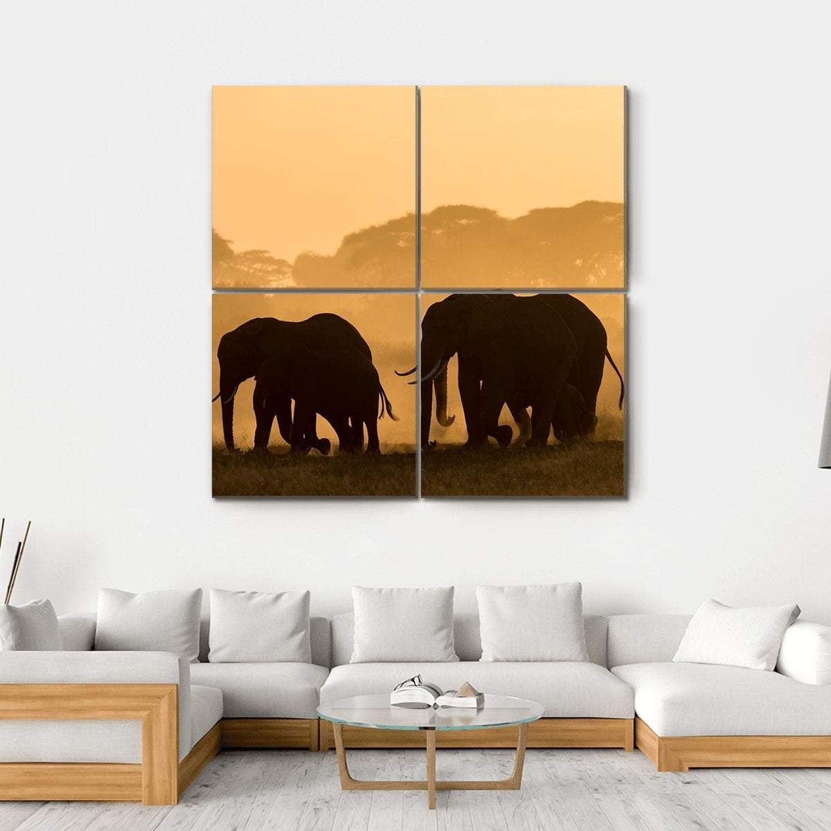 Silhouettes Of Elephants Canvas Wall Art-4 Square-Gallery Wrap-17" x 17"-Tiaracle