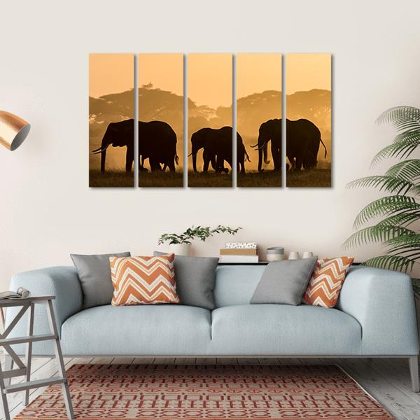 Silhouettes Of Elephants Canvas Wall Art-5 Horizontal-Gallery Wrap-22" x 12"-Tiaracle