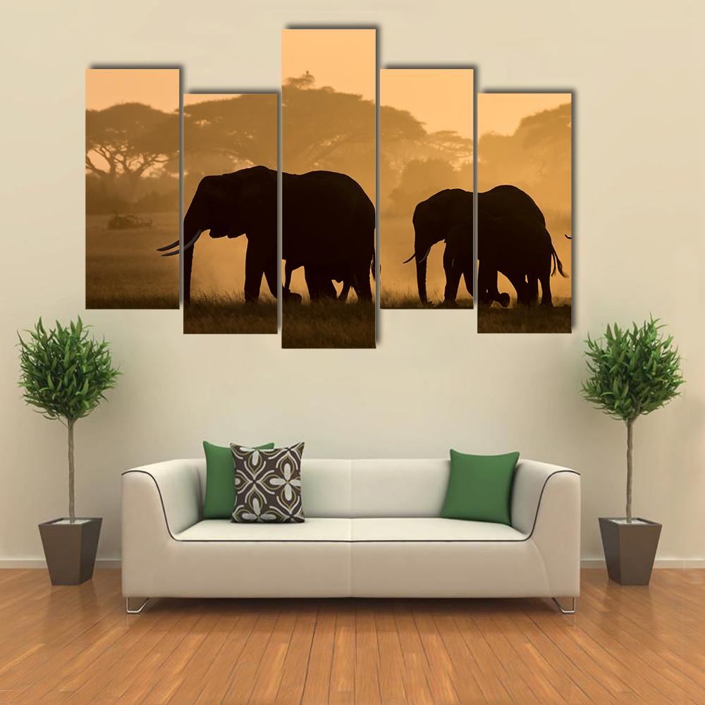 Silhouettes Of Elephants Canvas Wall Art-5 Pop-Gallery Wrap-32" x 21"-Tiaracle