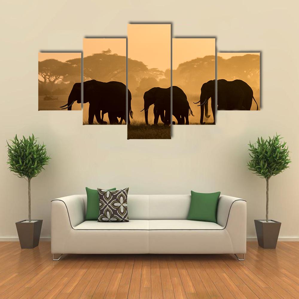 Silhouettes Of Elephants Canvas Wall Art-5 Star-Gallery Wrap-42" x 21"-Tiaracle