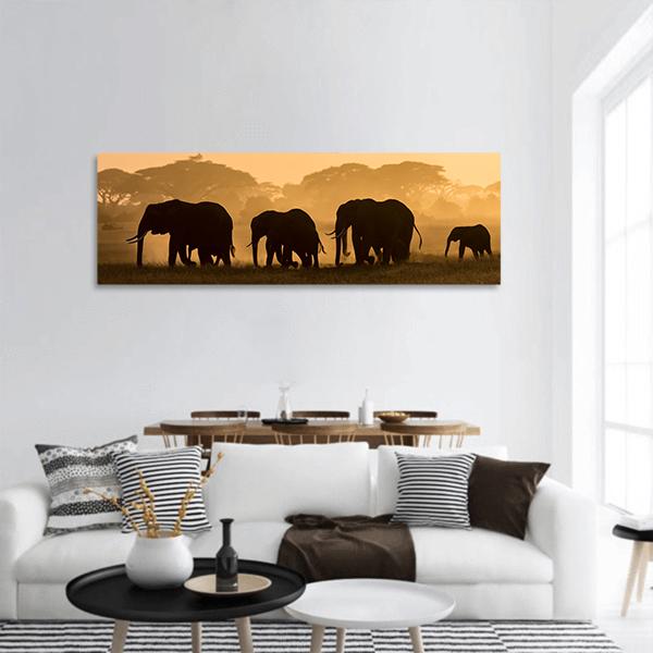 Silhouettes Of Elephants Panoramic Canvas Wall Art-1 Piece-36" x 12"-Tiaracle