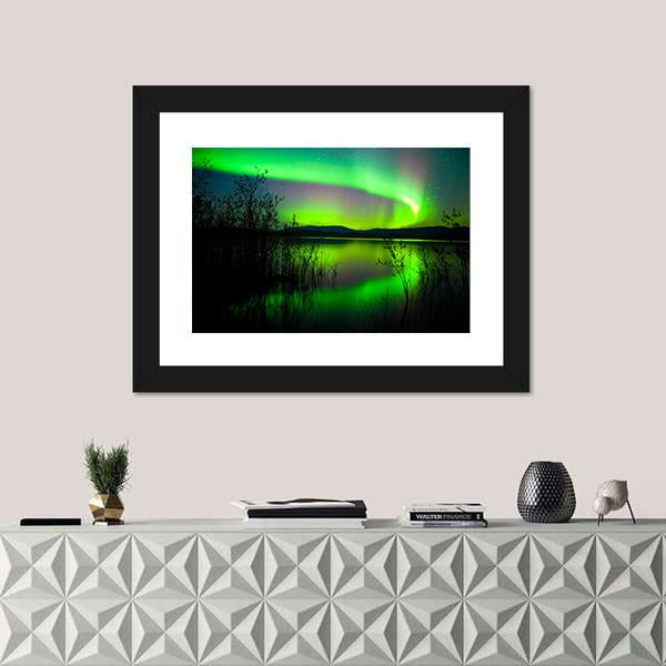 Silhouettes Of Intense Northern Lights over Lake Laberge Canada Canvas Wall Art-1 Piece-Framed Print-20" x 16"-Tiaracle